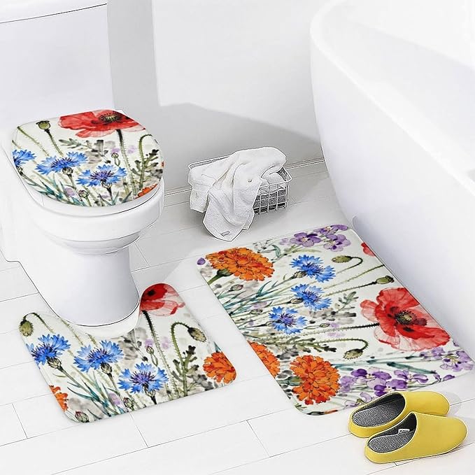 4 Piece Bathroom Rug Set with Shower Curtain, Non-Slip Bath Mat Toilet Cover Set, Wisteria Cascade Bathroom Rug Sets