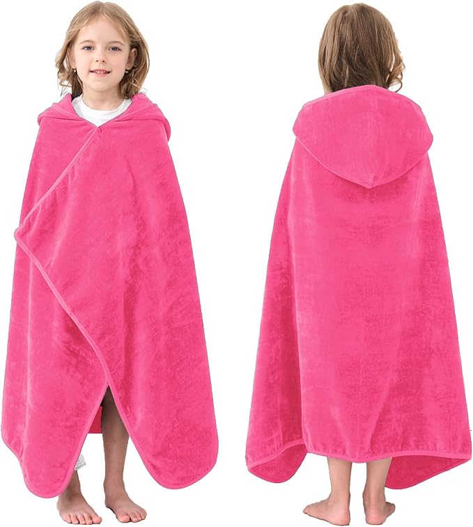 Hiturbo Kids Hooded Bath Towel: 100% Cotton Soft Thick Absorbent Towels Wrap - 50"x30" Shower Beach Pool Wearable Blanket for 3-12 Yrs Boys Girls - Pink