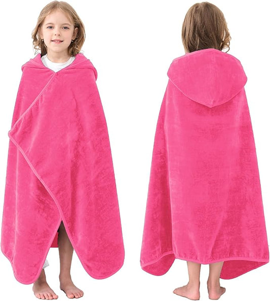 Hiturbo Kids Hooded Bath Towel: 100% Cotton Soft Thick Absorbent Towels Wrap - 50"x30" Shower Beach Pool Wearable Blanket for 3-12 Yrs Boys Girls - Pink