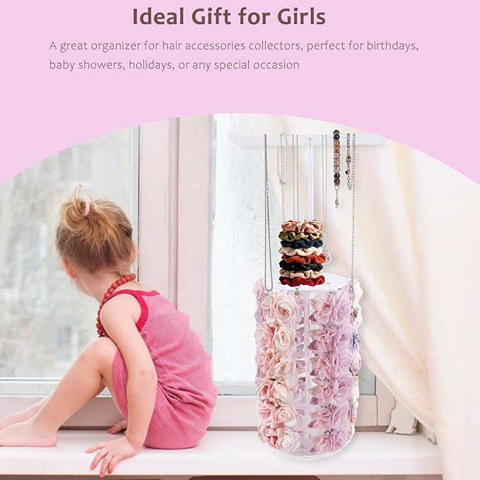 cherrboll Rotating Hair Bows Holder Stand, Headbands Organizer Scrunchies Claw Clips Rack Display Necklace Bracelet Hanger, Hair Accessories Storage Nursery Room Decor for Baby Toddler Girls