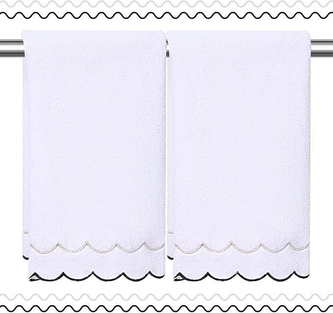 2 Pcs 100% Cotton Bath Towels for Bathroom 16 * 27 Inch Scalloped Bath Towels Embroidered Decorative 600 GSM Soft Absorbent Bath Towel for Bathroom Hotel Spa Sport Yoga (Gray and Black)