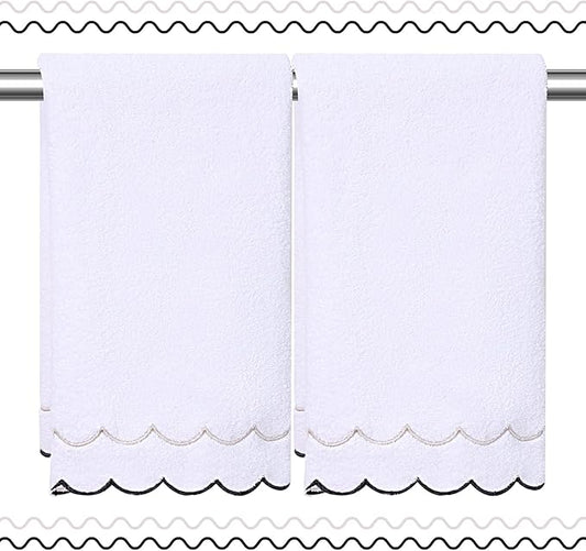 2 Pcs 100% Cotton Bath Towels for Bathroom 16 * 27 Inch Scalloped Bath Towels Embroidered Decorative 600 GSM Soft Absorbent Bath Towel for Bathroom Hotel Spa Sport Yoga (Gray and Black)