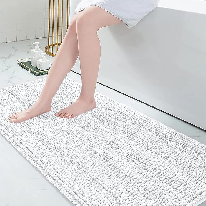 Grandaily Chenille Striped Bathroom Rugs 70x24, Extra Thick and Absorbent Bath Mats, Non-Slip Soft Plush Shaggy Shower Carpet, Machine Wash Dry, Bath Rug for Bathroom, White