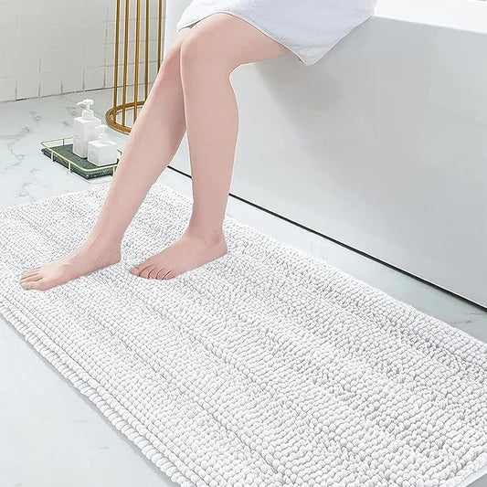 Grandaily Chenille Striped Bathroom Rugs 70x24, Extra Thick and Absorbent Bath Mats, Non-Slip Soft Plush Shaggy Shower Carpet, Machine Wash Dry, Bath Rug for Bathroom, White