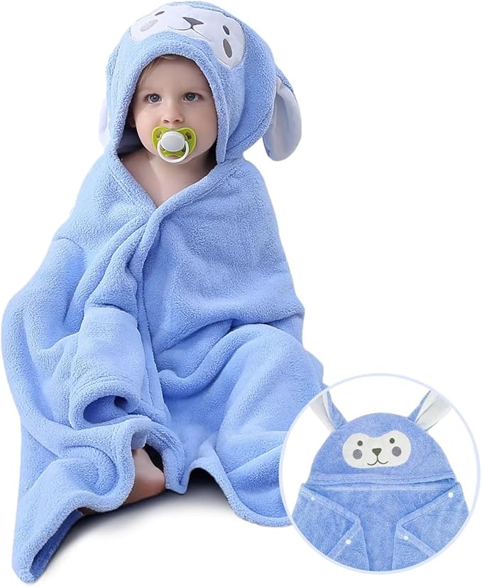 2pcs Microfiber Natural Fleece Soft Bath Towel for Kid with Cute Sheep Ears - Ultra Absorbent, Large Bath Towel for Boy and Girl - (Sheep 27.5 x 55 Inch) (Blue)