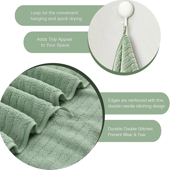 Hailea Hand Towels Set 16x31 Inches,Soft Microfibers Bathroom Towel Set 2 Pack,Highly Absorbent Quick Dry Luxury Towel Hotel Spa Gym Hand Towel Collection for Bathroom,Green