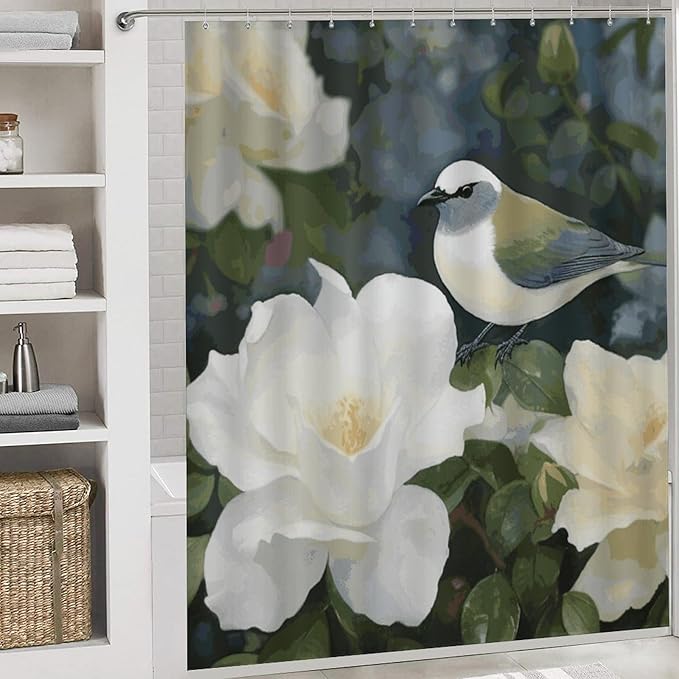4 Piece Bathroom Rug Set with Shower Curtain, Non-Slip Bath Mat Toilet Cover Set, Gardenia Flowers Birds Bathroom Rug Sets
