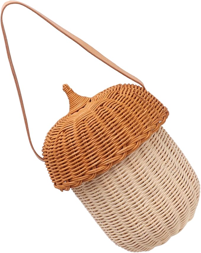 Fdit Kids Rattan Storage Basket Bag, Hand Woven Pine Cone Shaped Basket for Boys Girls Home Decor Storage Box Photography Props (Large Handbag)