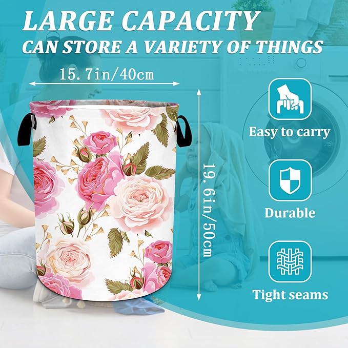 Abstract Pink Rose Laundry Basket, Floral Laundry Hamper Foldable Waterproof Funny Tote Bag Dirty Clothes Storage Bucket Toy Organizer for Bathroom/Laundry/Bedroom 15.7"x19.6"