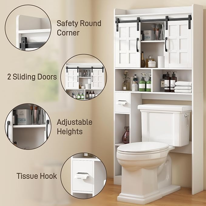 Over The Toilet Storage Cabinet, Farmhouse Storage Cabinet Over Toilet with Sliding Doors，Home Space-Saving Toilet Rack, for Bathroom, Restroom, Laundry,White