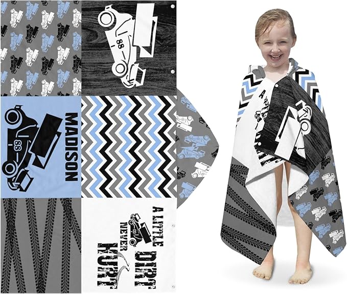 Hooded Towels for Kids 3-10 Yrs Patchwork Race Car Blue Kids Bath Towels Hooded Beach Towel Wrap Bathrobe Blanket Boys Gift for Shower