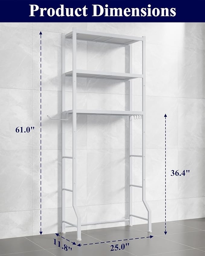 Kitsure Over The Toilet Storage Rack - Freestanding Over The Toilet Storage Cabinet with Paper Holder & Hooks, Bathroom Organizers and Storage, White, 3 Tiers (61" H)