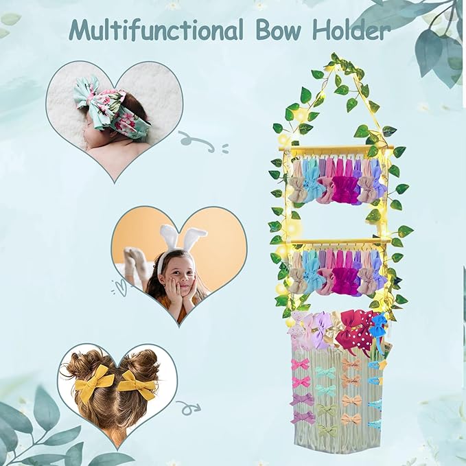 Bow Holder for Girls Hair Bows, Headband Holder for Girls, Hair Accessories Organizer Wall Hanging Organizer With LED String for Toddler