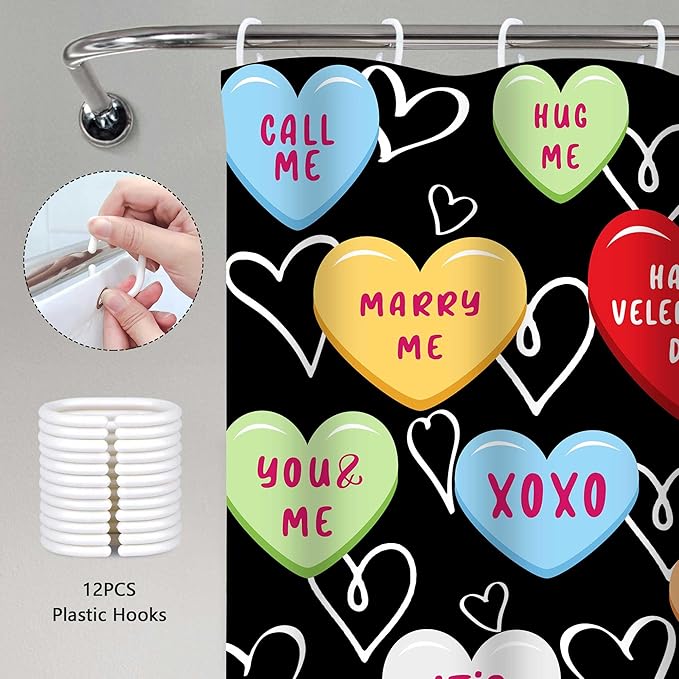 Happy Valentine Day Cute 36x72 Shower Curtain for Girls Love Me Kiss Me Red Black Love Hearts Romantic Shower Curtain Set Decor Bathroom Accessories Fabric Polyester Kid Bath Curtain with Hooks