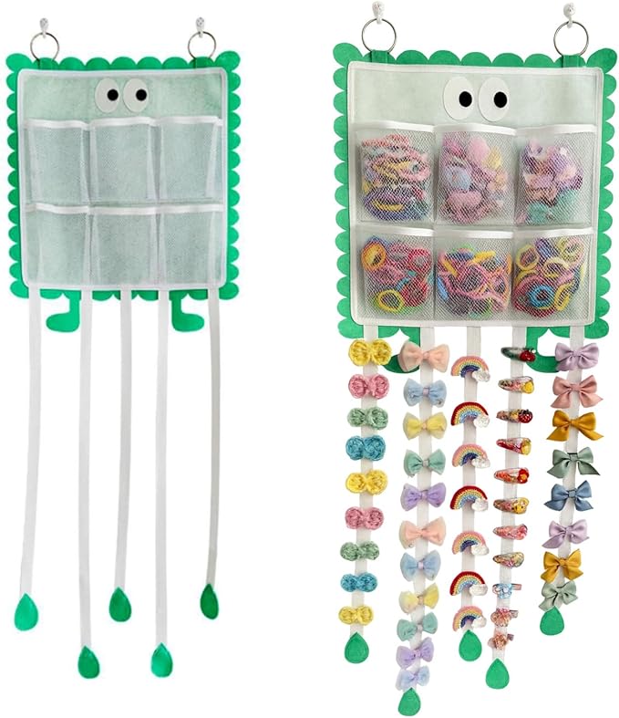 Hanging Hair Clip Organizer with Multiple Storage Pockets, Hair Bow Holder for Girls, Barrettes and Scrunchies Storage Solution, Hair Accessories Organizer (Green)
