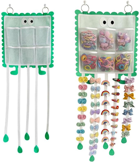 Hanging Hair Clip Organizer with Multiple Storage Pockets, Hair Bow Holder for Girls, Barrettes and Scrunchies Storage Solution, Hair Accessories Organizer (Green)