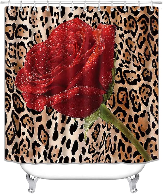4PCS/Set Sexy Brown Leopard Shower curtain, Romantic Dewy Rose Panthera Cheetah Safari Wildlife African Wild Animal Skin Pattern Bathroom Decor, Non-slip Bath Rug Toilet Mat Carpet, Red Floral