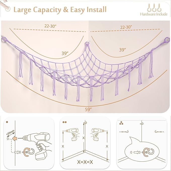Stuffed Animals Hammock Corner Hanging Net for Macrame Stuffed Animal Storage Plush Toy Holder Toy Organizer for Boho Nursery Playroom Bedroom (purple, Large)