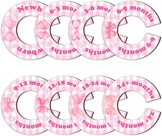 8Pcs Baby Closet Dividers, Pink bow Baby Clothes Dividers for Closet, Newborn Baby Stuff for Baby Girls, Wooden Double-Sided Baby Hanger Organizer from Newborn to Toddler