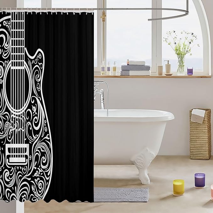 Guitar Bath Curtain Music Themed Guitar Shower Curtain Guitar Instruments Print Bathroom Shower Curtain Set for Stalls Bathtubs Room Decor Stylish Black White Waterproof Bathroom Curtains 72x72 Inch