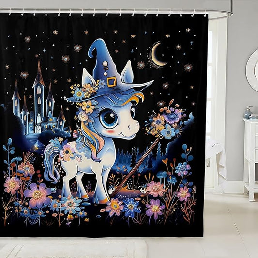 Halloween Theme Moon Animals Shower Curtain,Mysterious Castle Flower Decorative Bath Curtain,Cute Unicorn Hat Home Bathroom Decor Polyester Fabric Waterproof 72 x 84 Inches