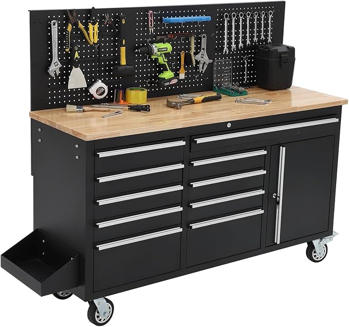 61" Rolling Tool Chest with 10 Drawers, Workbench Cabinet with Power Strip, Solid Rubber Wood Top, 1675 LBS Load, Mobile Heavy Duty Garage Storage, Locking Wheels
