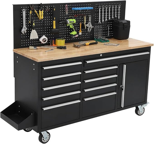 61" Rolling Tool Chest with 10 Drawers, Workbench Cabinet with Power Strip, Solid Rubber Wood Top, 1675 LBS Load, Mobile Heavy Duty Garage Storage, Locking Wheels
