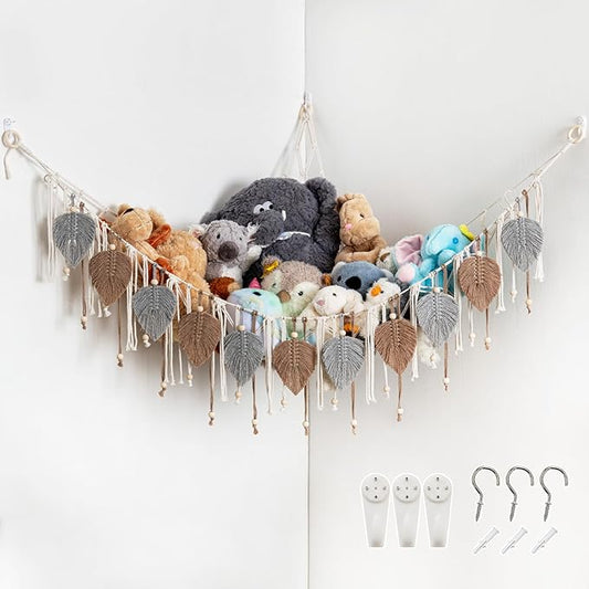 Pretty Jolly Macrame Stuffed Animal Hammock with Beads Hand Woven Leaf Tassels Corner Hanging Net Boho Plush Holder for Tosy Kid Room Nursery Decor Organizer for Girls Gift(Sage Green&Avocado Green)
