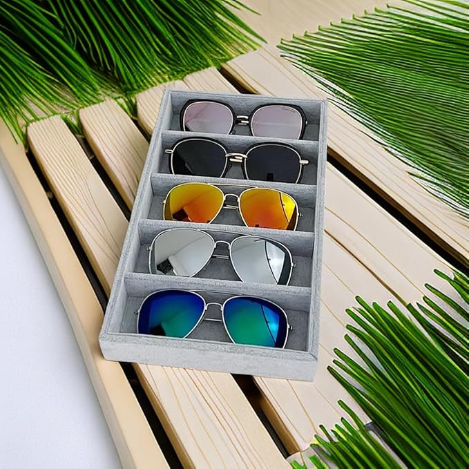 5-Slot Luxurious Gray Velvet Premium Grade Drawer Divider Eyewear Storage Sunglasses Jewelry Tray Organizer
