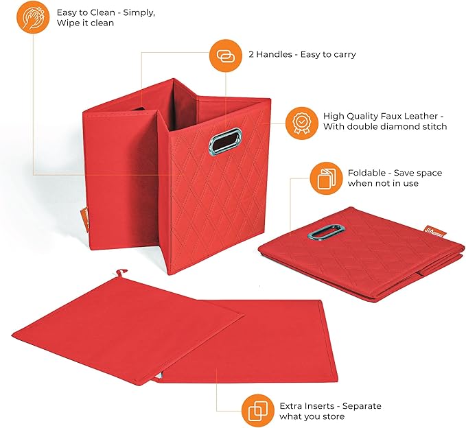 FH Group JIAessentials 12" Faux Leather Foldable Storage Cube Bins Set of 2 – Red Diamond Patterned Organizers with Handles for Closet & Shelves