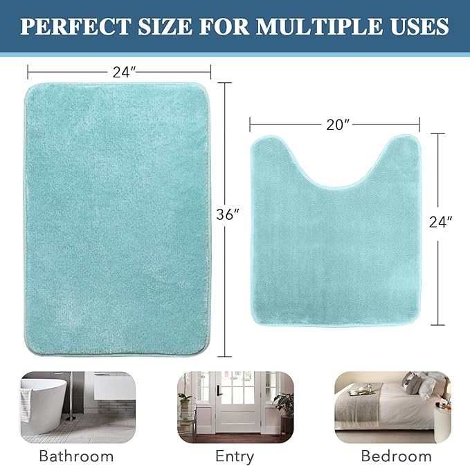 H.VERSAILTEX Bath Mat Memory Foam Set Bathroom Rug Set Flannel Velvety Bath Mat Luxury Extra Soft and Absorbent Non Slip Rugs for Bathroom/Bedroom (Curved Set 24"x 36" Plus 20"x 24"U, Eggshell Blue)