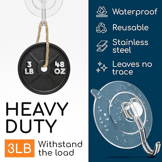GLUIT Suction Cup Hooks - Utility Hook Wall Hangers for All Purposes Stainless Steel Removable Small Suction Cups for Kitchen Bathroom Shower Wall Window Glass Door 3 lbs (24 Suction Hooks)