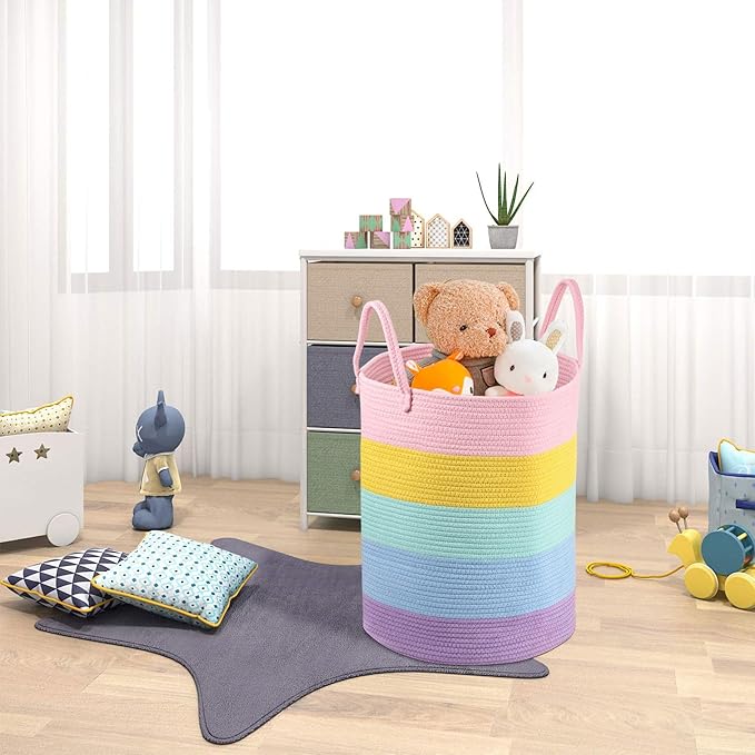 Cotton Rope Laundry Basket Woven Hamper for Girls Kids Baby Large Capacity Clothes Storage for Living Room, Laundry Nursery Pillows Baby Toy chest