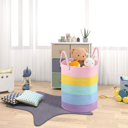 Cotton Rope Laundry Basket Woven Hamper for Girls Kids Baby Large Capacity Clothes Storage for Living Room, Laundry Nursery Pillows Baby Toy chest