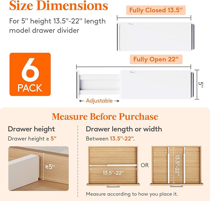 Lifewit 6 Pack 5" High Drawer Dividers 34-56cm/13.5-22" Adjustable Drawer Organizer for Clothes/Utensils, Expandable Drawer Separator in Dresser/Kitchen/Bedroom/Office Organization & Storage White