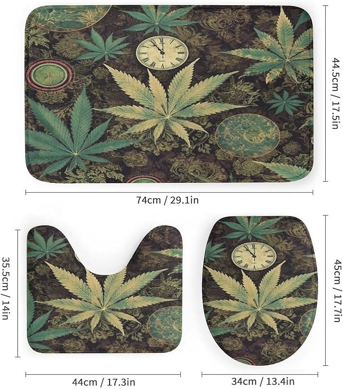 A Puff in Time Weed Marijuana 4 Piece Bathroom Set with Shower Curtain - Includes Bath Mat U-Shaped Mat Toilet Lid Cover and Waterproof Curtain Non-Slip Mat