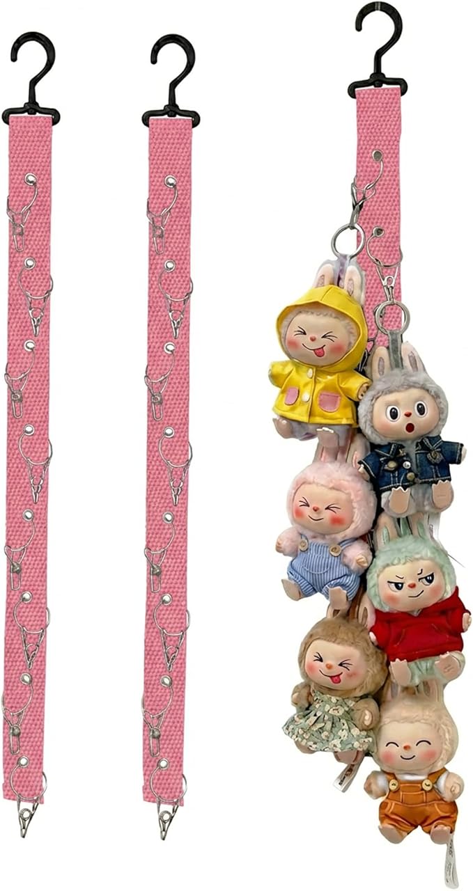 Plush Doll Hanging Storage Rope Display Rack with 8 Clips – Wall Hanging Organizer for Keychain Plushies, Mini Toys– Holds up to 3kg (2 PCS Pink)