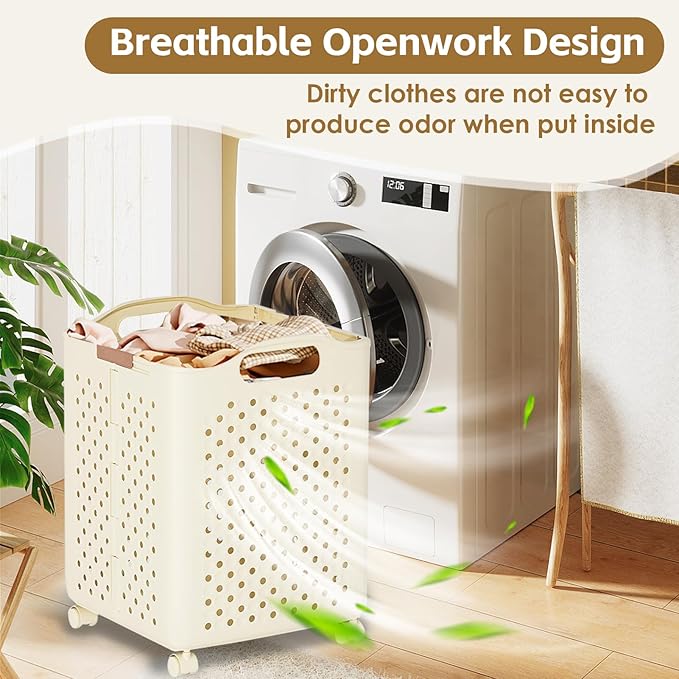 57L Collapsible Laundry Basket with Wheels, Laundry Basket Collapsible, Foldable Laundry Baskets with Handles, Dirty Clothes Hamper for Dorm, Bedroom and Bathroom (Cream White)
