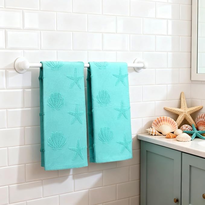 2 Pcs Coastal Hand Towels for Bathroom 100% Cotton Jacquard Weave Hand Towels Seashell Starfish Beach Soft Absorbent Washcloth for Spring Summer Kitchen Bathroom Home Decor, 29.5 x 13.8 Inch