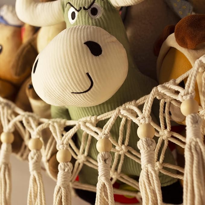 Stuffed Animal Toy Storage Hammock with LED Light - Macrame Jumbo Doll Corner Stuff Animals Organizer Decorations - Cute Hanging Plushie Net Kids Baby Nursery Bedroom Room Decor