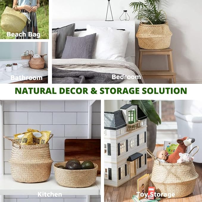 Extra Large Size(16x16x15 inches) Seagrass Belly Basket for Storage, Laundry, Picnic and Woven Straw Beach Bag - Plant Pots Cover Indoor Decorative