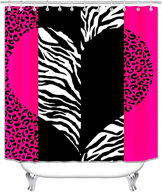 4PCS Hot Pink Leopard Print Shower Curtain Sets with Rugs, Waterproof Fabric Shower Curtain, Love Heart Black and White Zebra Cheetah Print Wildlife Safari Animal Skin Fashion Bathroom Decor