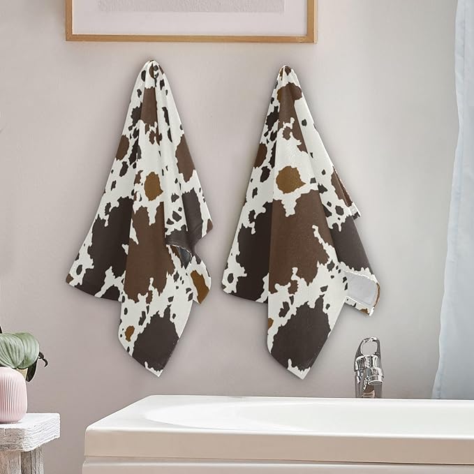 2 Pack Brown Cow Print Hand Towels for Bathroom,Soft Absorbent Rustic Cowhide Farmhouse Animal Skin Pattern Kitchen Towels,Cow Hide Decorative Guest Bathroom Towels for Face,Shower,Gym 14"x28"