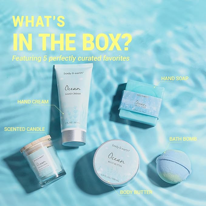 Gifts for Women, Bath and Body Womens Gift Sets with 5 Pcs Ocean Scented Spa Gifts for Women Bath Gift with Scented Candle Body Butter Hand Cream Bath Bomb Valentine‘s Day Gifts