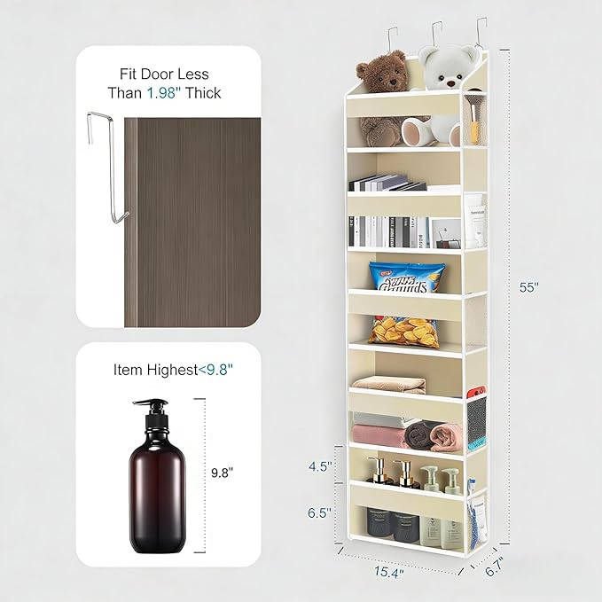 Over The Door Organizer Closet,5 Bins 10 Side Pockets,Hanging Organizer,Anti Tilt 44 lbs Load Door Organizers and Storage with Clear Window for Bedroom,Nursery,Rv,Bathroom,Camper(Beige)