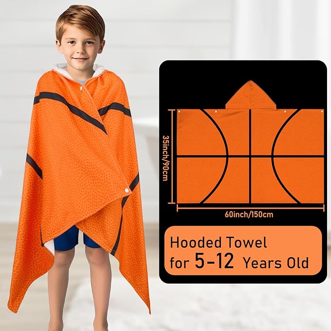 Hooded Towels for Kids Basketball 60" x 35" Toddler Bath Beach Towel Poncho with Hood Super Soft and Absorbent 100% Microfiber for Boys Ages 5-12