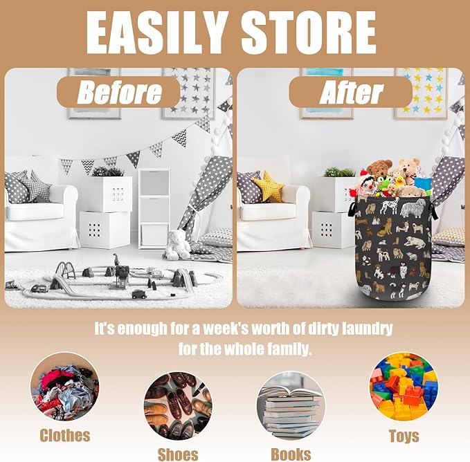 Cute Dogs Laundry Basket, Foldable Dog Lover Laundry Hamper Tote Bag Dirty Clothes Storage Bucket Toy Organizer for Bathroom/Laundry/Bedroom 15.7"x19.6"