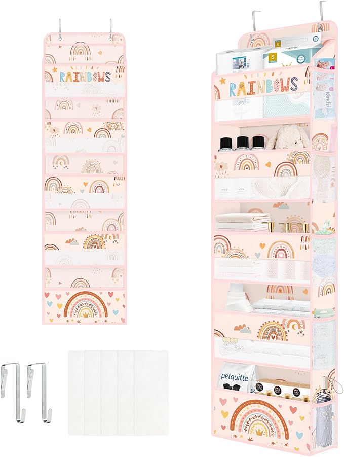 Clastyle Boho Rainbow Baby Clothes Diaper Over The Door Organizer Kid Pink Cloud Toy Stuffed Animal Nursery Hanging Storage Organizer Closet Door Hanging Shelf Storage for Bedroom Bathroom Pantry