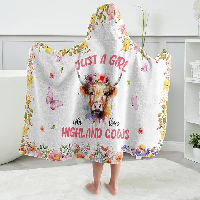 Highland Cow Hooded Bath Towels for Girls,Soft Cotton Swimming Shower Beach Blanket (Highland Cow)