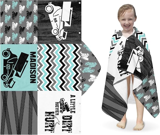 Hooded Towel Kids Turquoise Race Car Bath Towels with Hood Microfiber Kids Beach Towels Baby Pool Beach Towel for Boy Girls